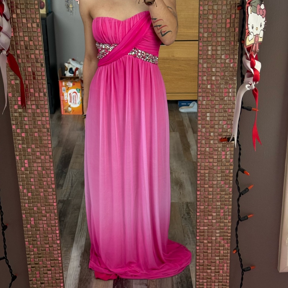 Jodi Kristopher Hot Pink Ombre Strapless Evening Gown